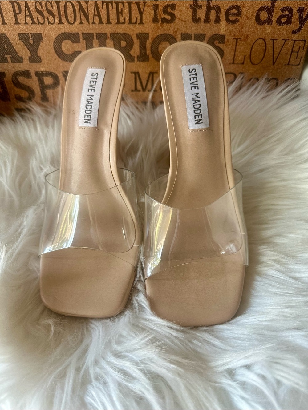 Steve Madden Women’s Lipa Clear Strap Nude Slide Heels Size 7.6